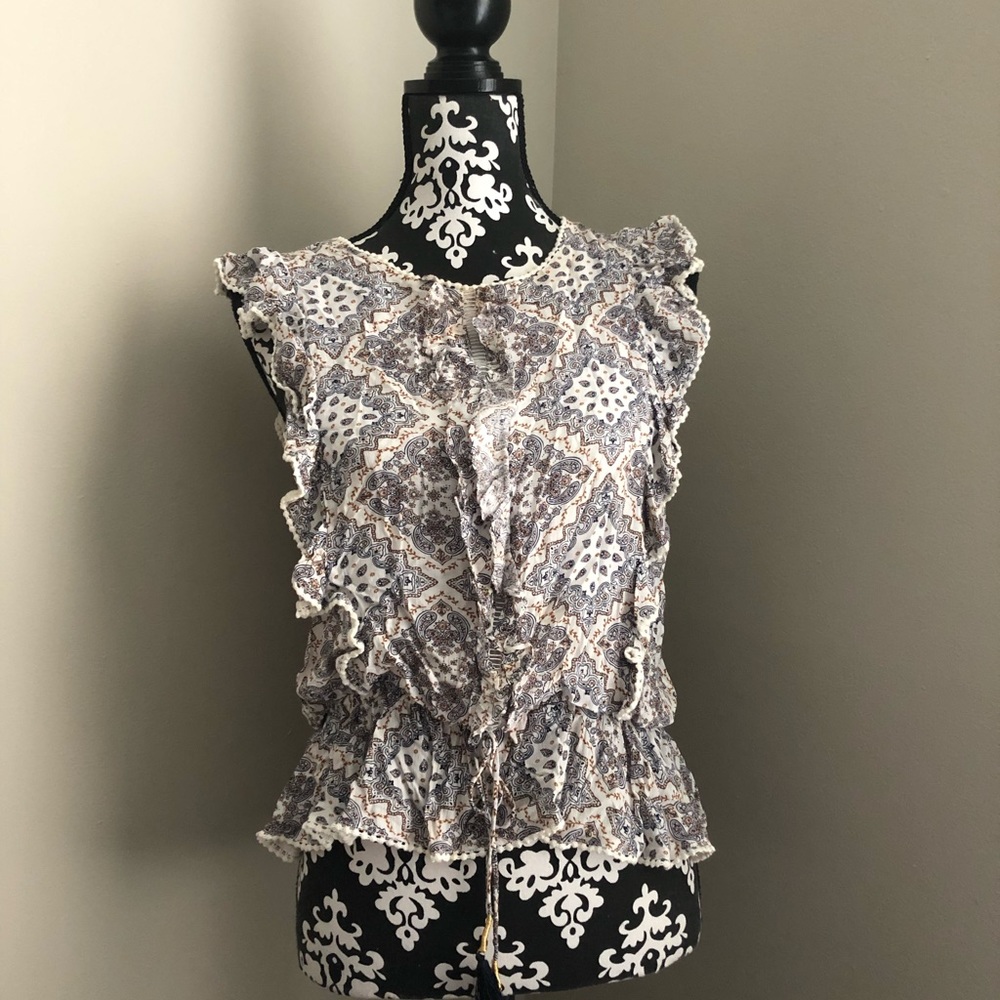 Ruffle Elastic Waisted Blouse Large Blue White